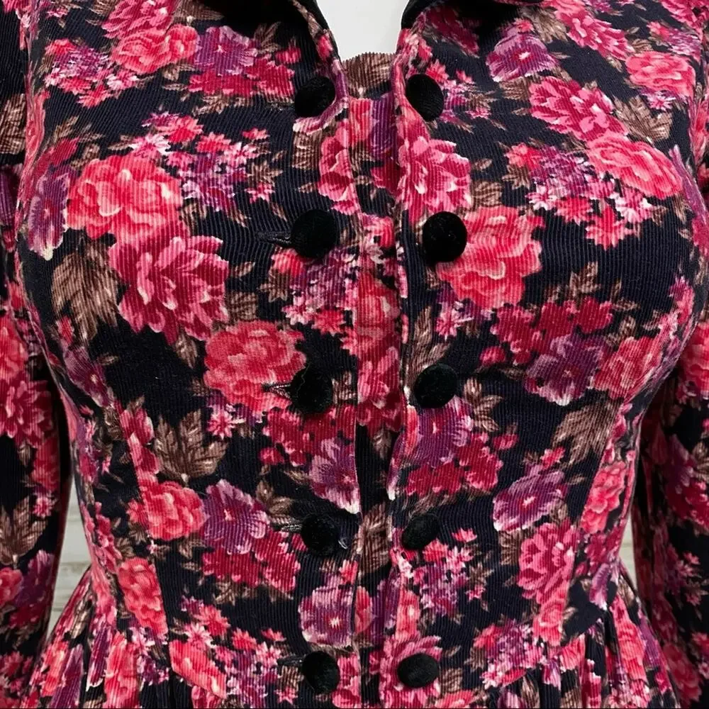 Laura Ashley Vintage Floral Corduroy Dress Womens Size 10 Pink Black Velvet Trim - Picture 4 of 16